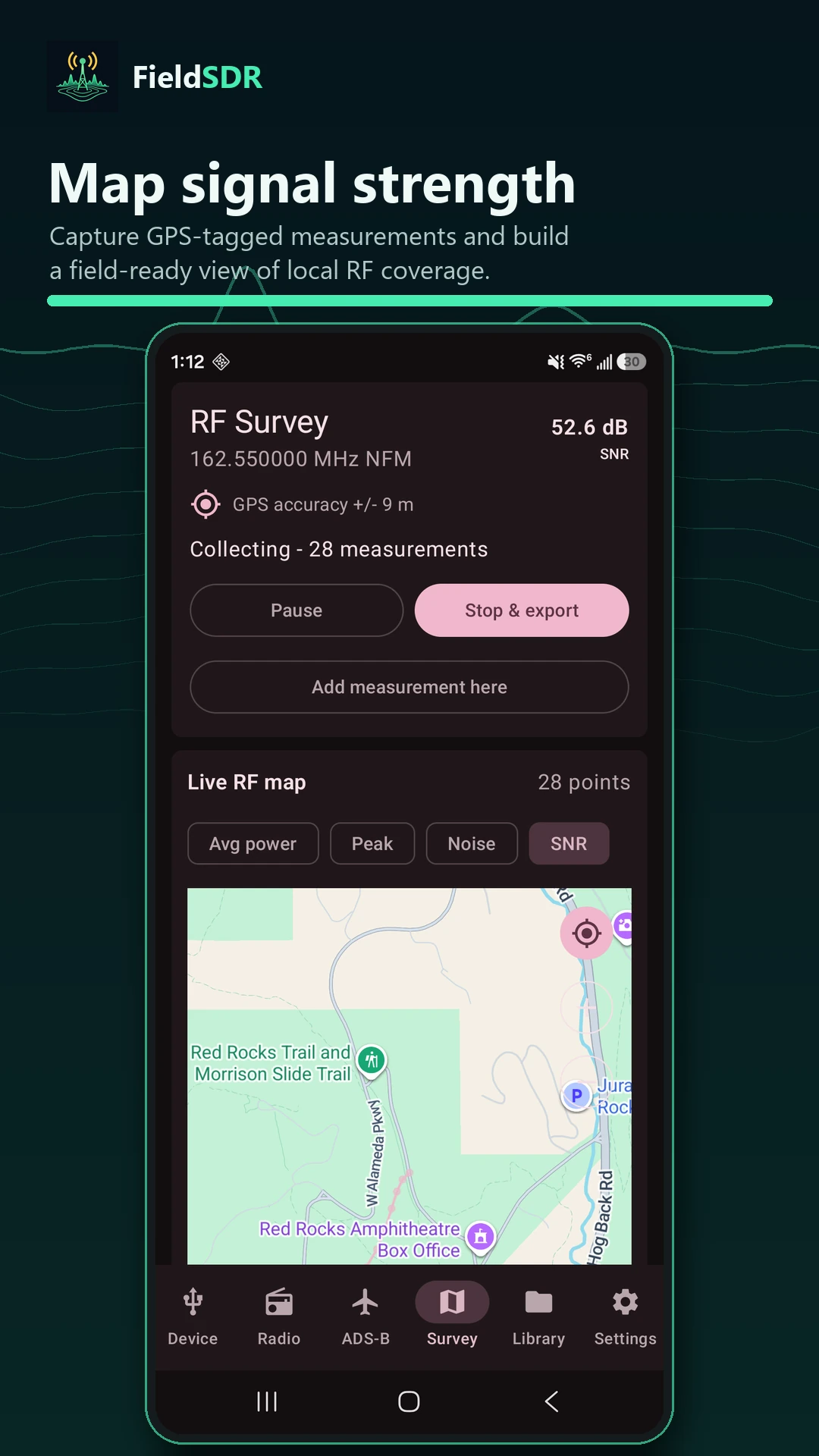 FieldSDR promotional screenshot showing a GPS signal-strength survey heatmap